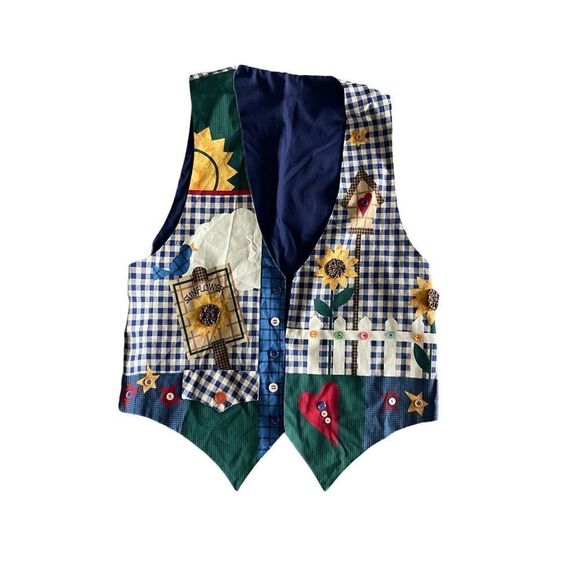 Vintage handmade checked sunflower boho birdhouse vest - Picture 1 of 6